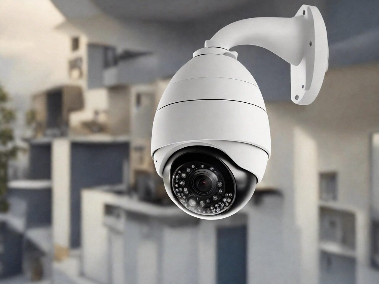 Security camera mounted on exterior of home